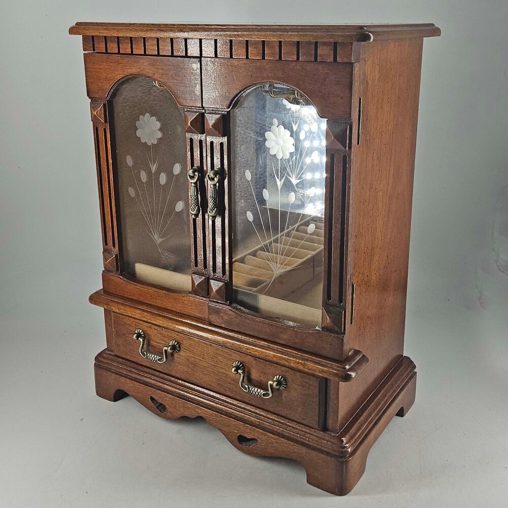 Vintage wood jewelry armoire box etched floral glass doors carousel mirrored